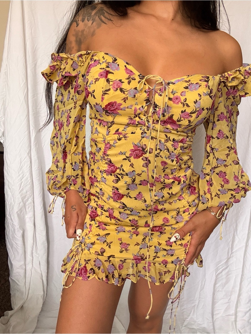 For Love and Lemons Bohemian Floral Off-Shoulder Bodycon Dress in Yellow